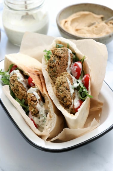 baked falafel stuffed into pita bread