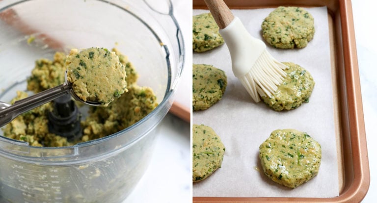 falafel mixture scooped and brushed with oil on pan