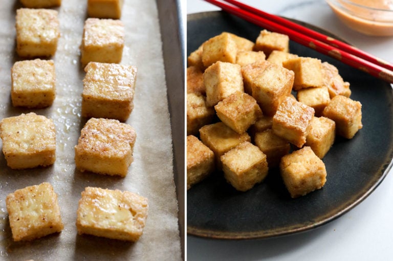 crispy baked tofu served on black plate