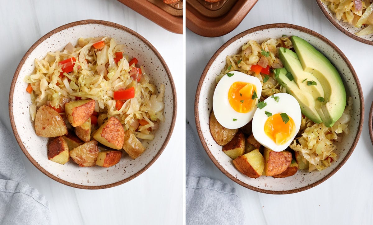 assembling the breakfast bowl with cabbage potatoes eggs and avocado on top