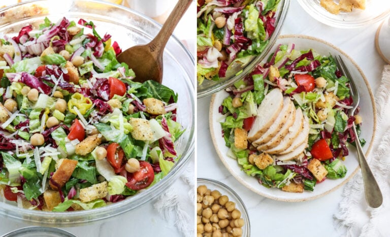 italian salad served in a large bowl and topped with chicken.