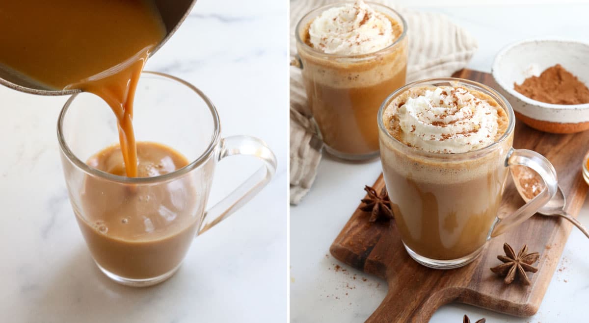 latte poured from saucepan into glass and topped with whipped cream