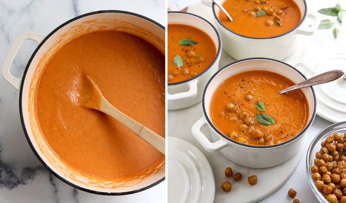 soup simmered in pot and served with chickpeas on top