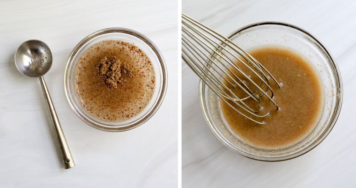 flax seeds and water mixed together in glass bowl.