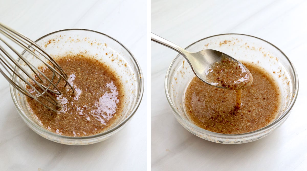 thickened flax egg mixture lifted up on a spoon.