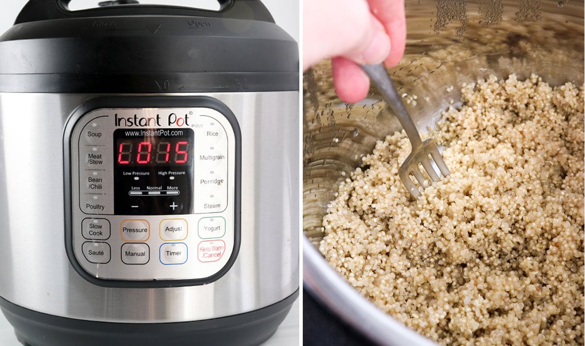 natural release screen and quinoa fluffed with fork.