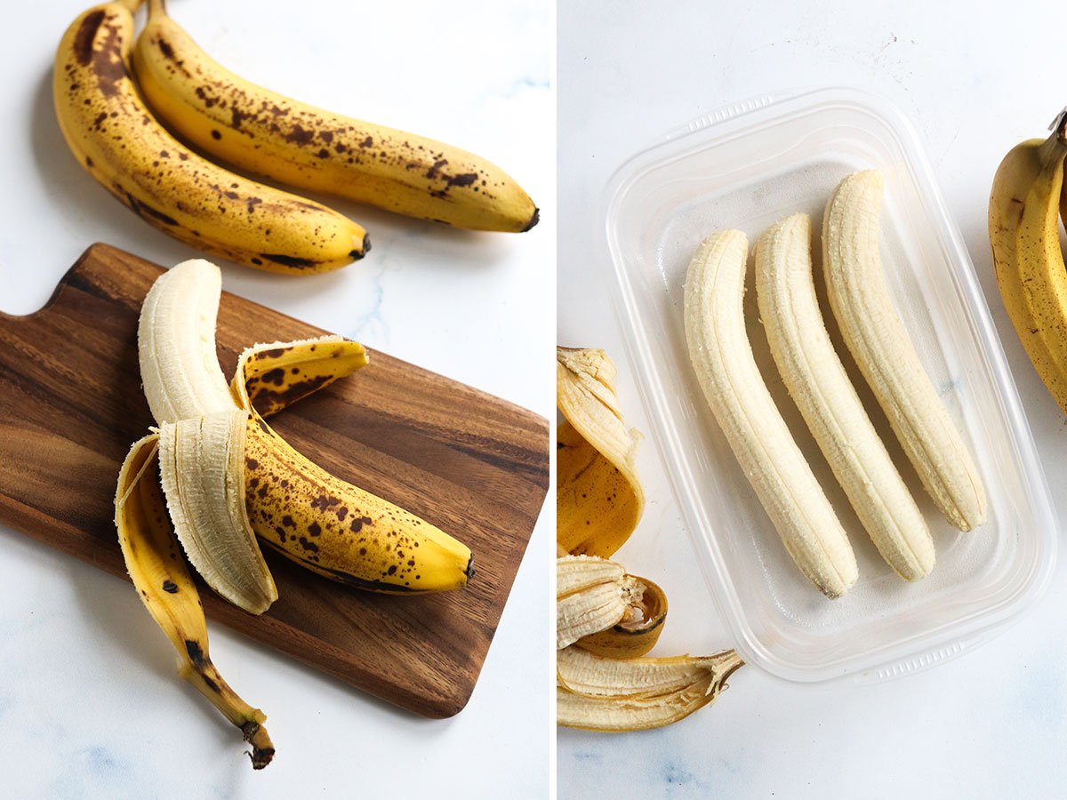 whole banana peeled and stored in a large storage container.