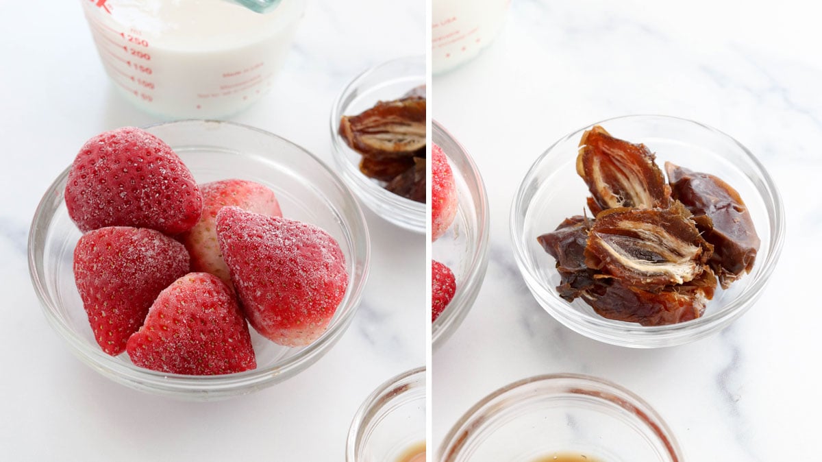 frozen strawberries and dates in bowls