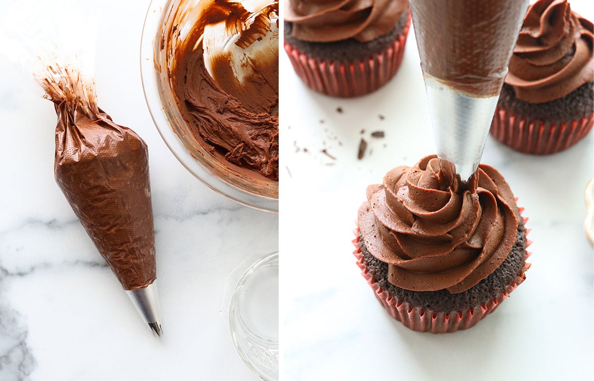 ganache transferred to piping bag and piped onto a cupcake.