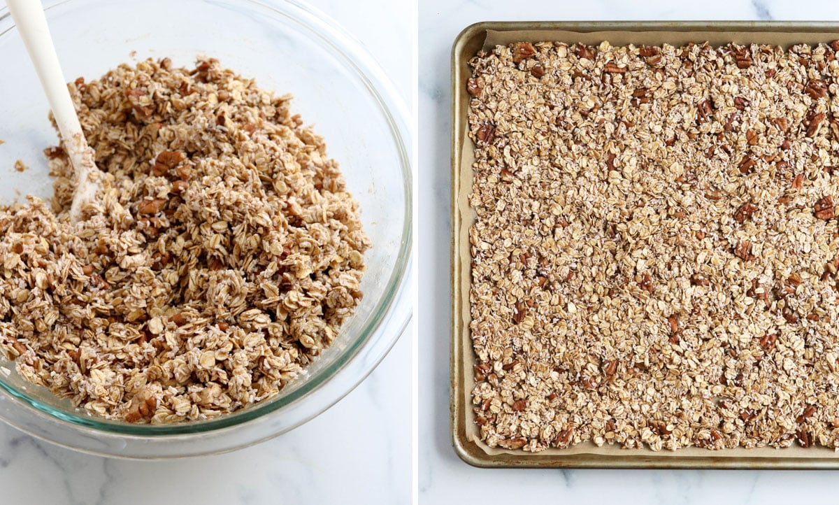 granola mixed and pressed into sheet pan