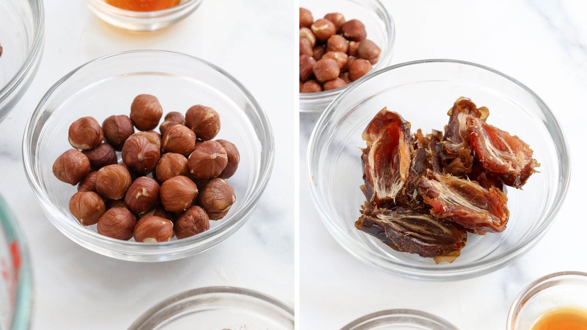 hazelnuts and dates in glass bowls