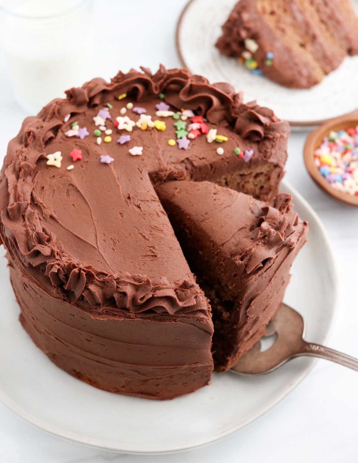 chocolate cake from the side with a slice about to be removed.