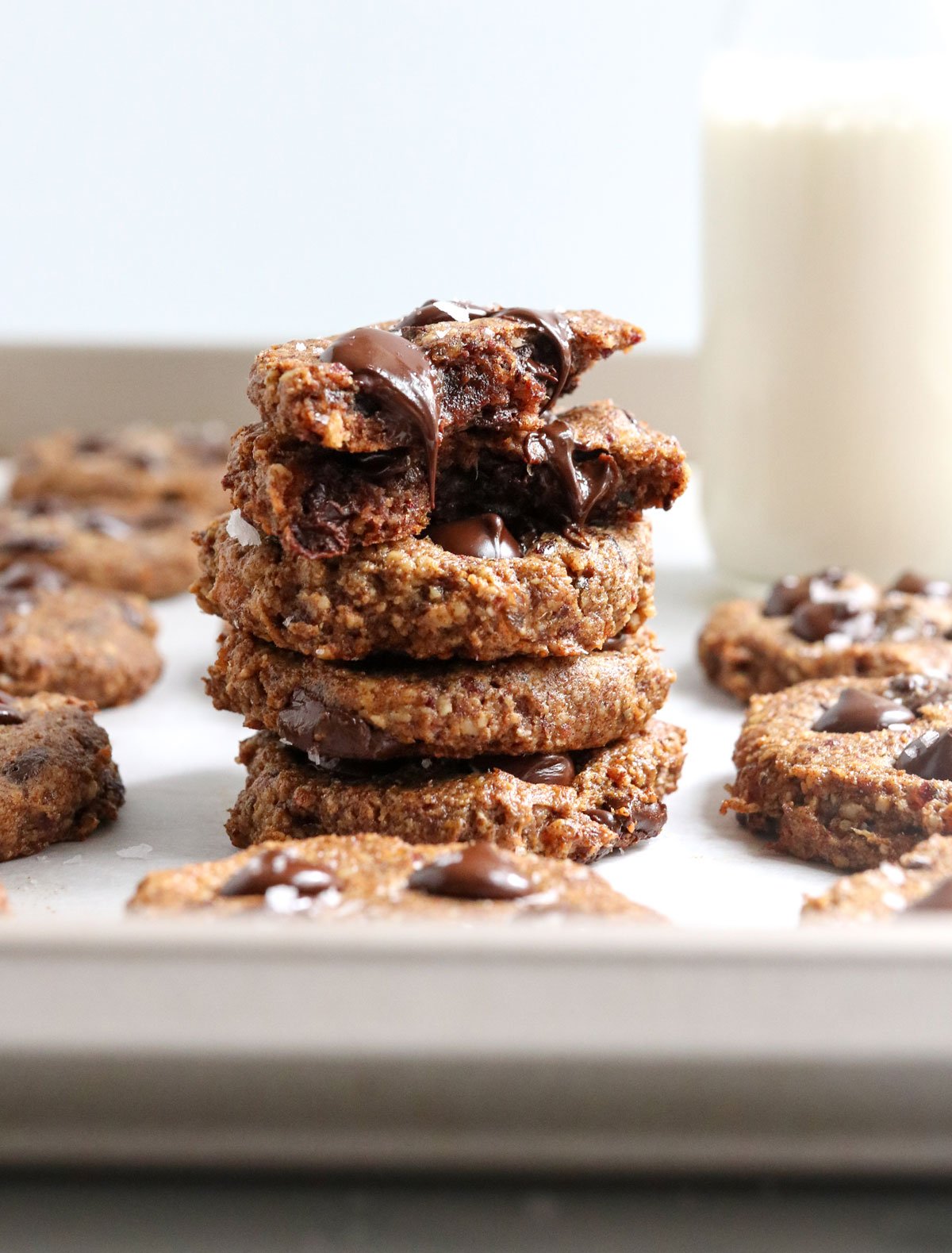 healthy cookies stacked with dripping chocolate