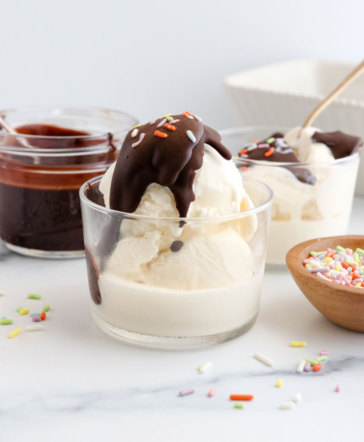 magic shell on two dishes of ice cream