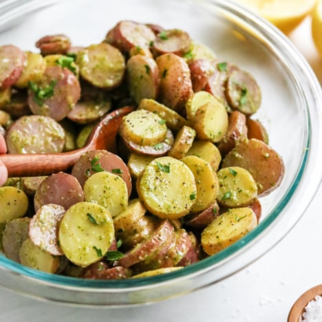 healthy potato salad in serving bowl.