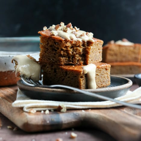 healthy pumpkin bars stacked on plate