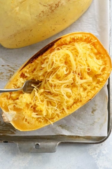 baked spaghetti squash on pan