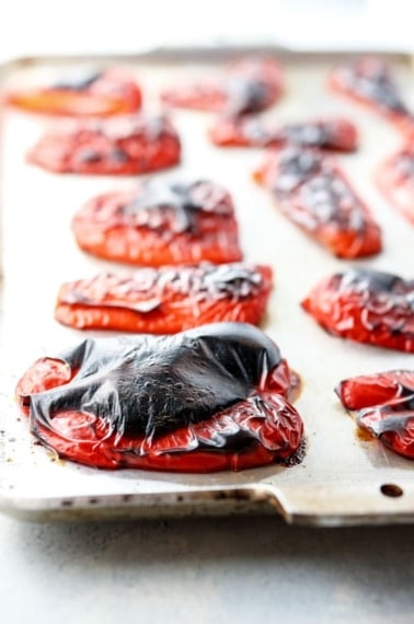 roasted red peppers on pan