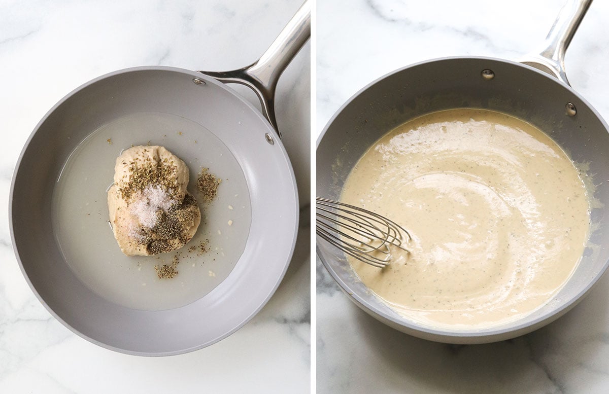 hummus mixed with water in a gray pan.