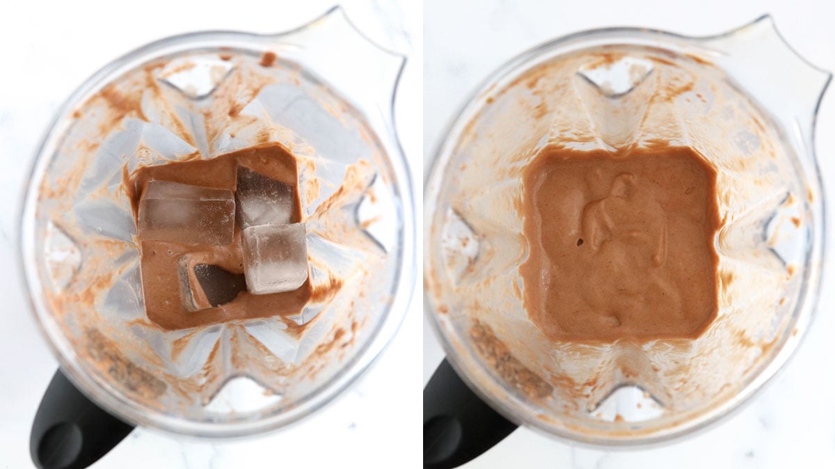 ice added to hazelnut smoothie in blender