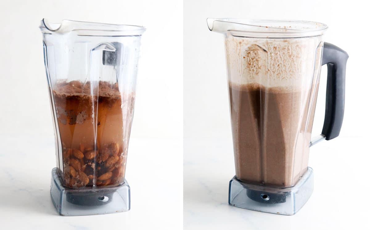 chocolate almond milk ingredients in blender, showing before and after blending