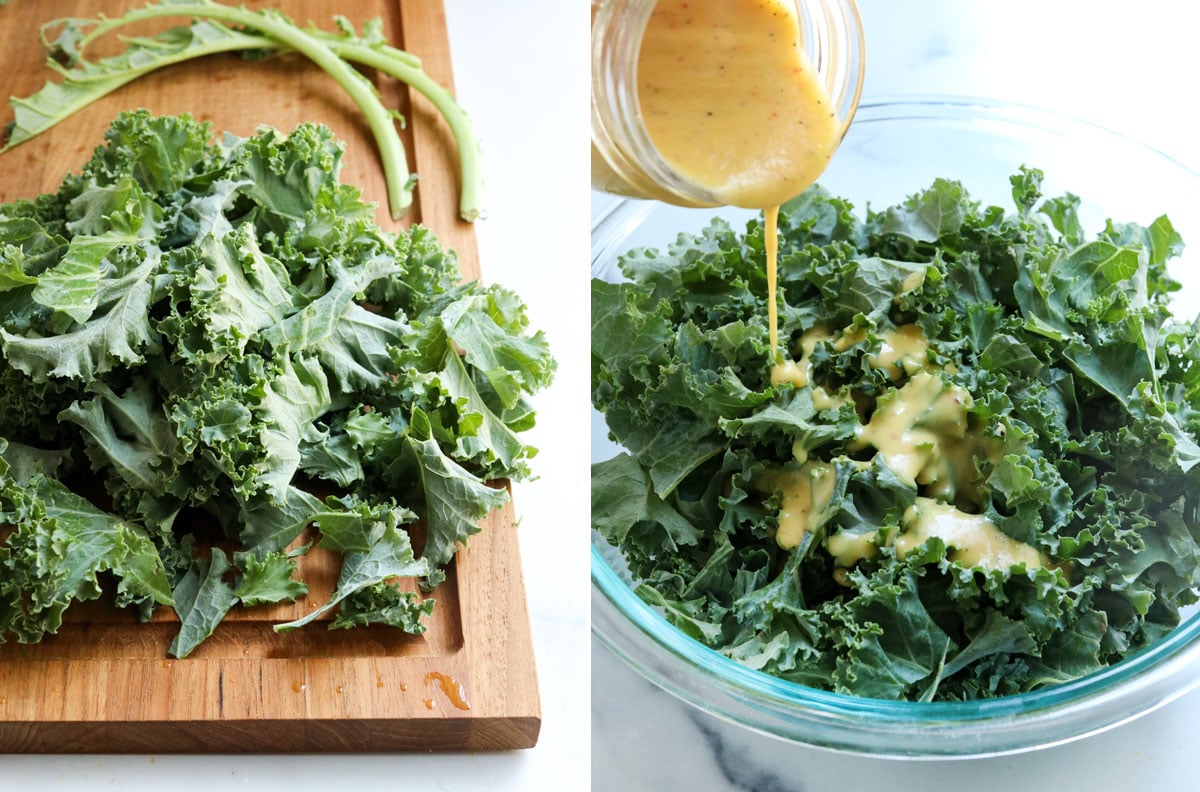 kale leaves removed from stems and dressed in bowl