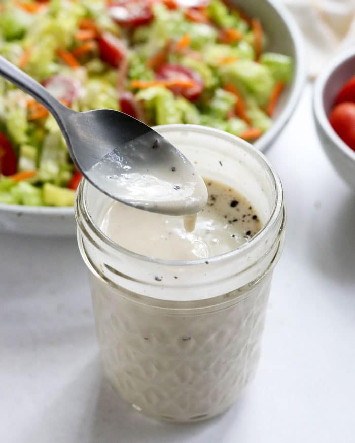 lemon tahini dressing in a jar