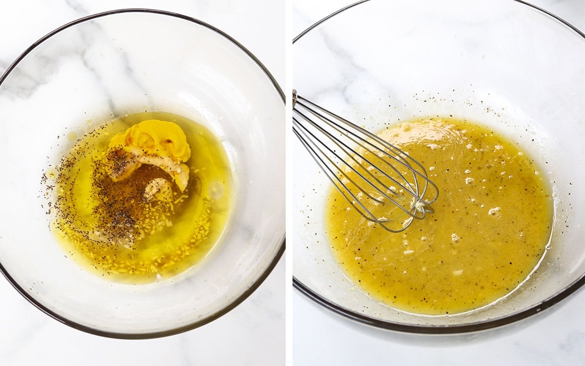 salad dressing mixed together in a glass bowl. 