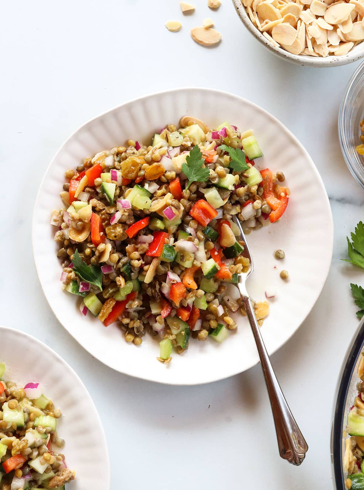 Lentil salad eaten with a fork on a white plate.