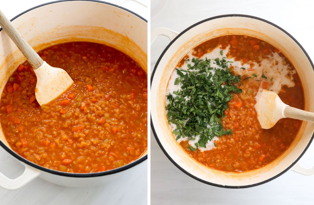 thickened red lentil soup in pot with coconut milk and cilantro added in.