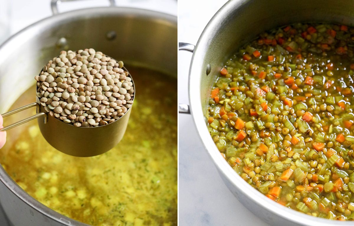 lentils added to soup pot