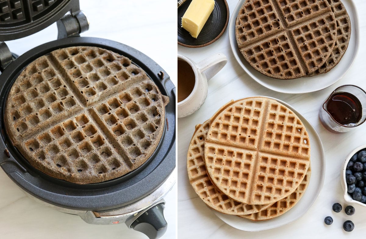 dark buckwheat waffle next to a stack of light buckwheat waffles.