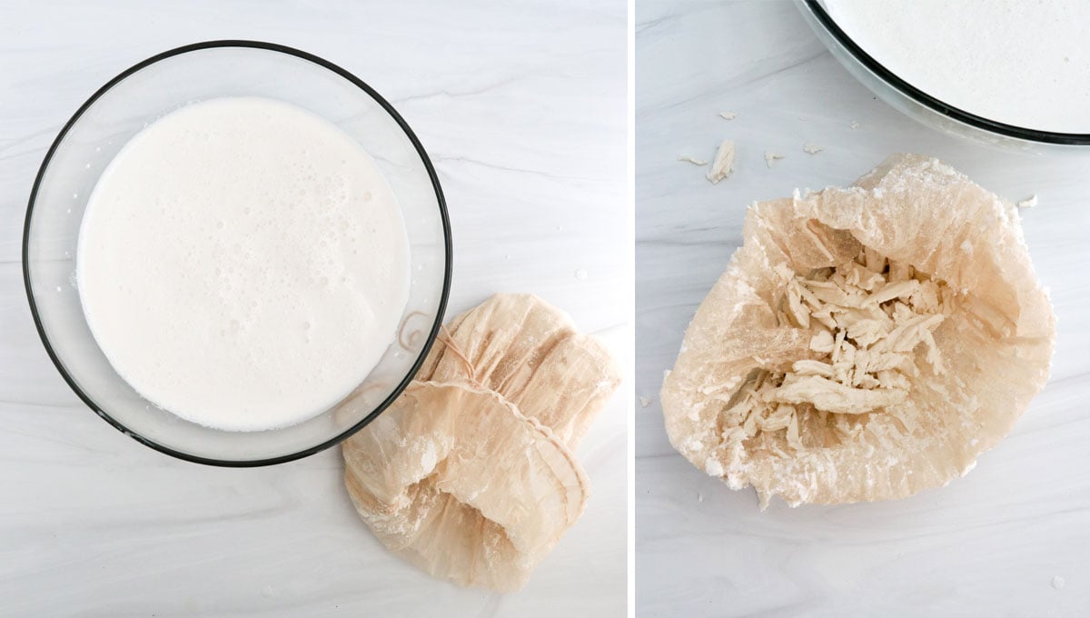 finished macadamia milk in bowl with leftover pulp beside it