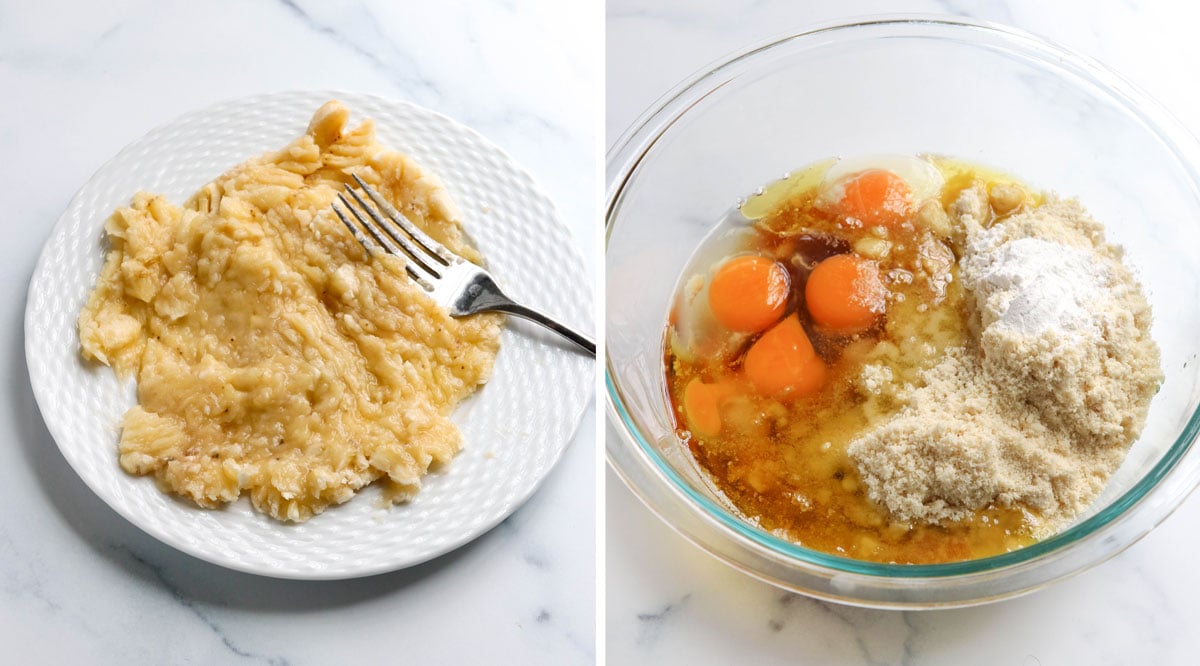 mashed banana on plate added to bowl of batter