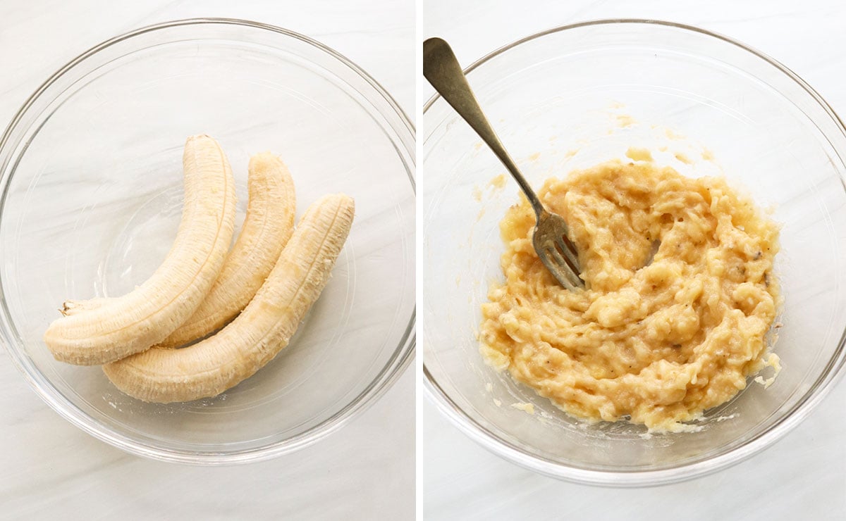 bananas mashed in a large glass bowl.