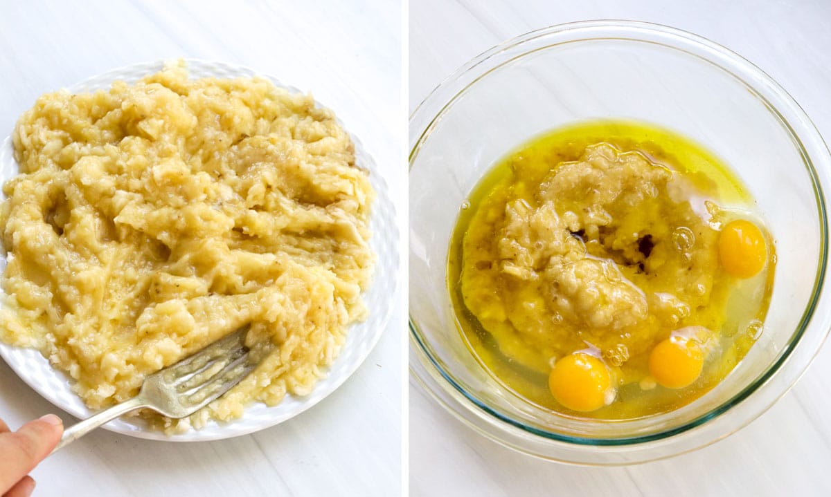 banana mashed with fork on plate and added to mixing bowl.