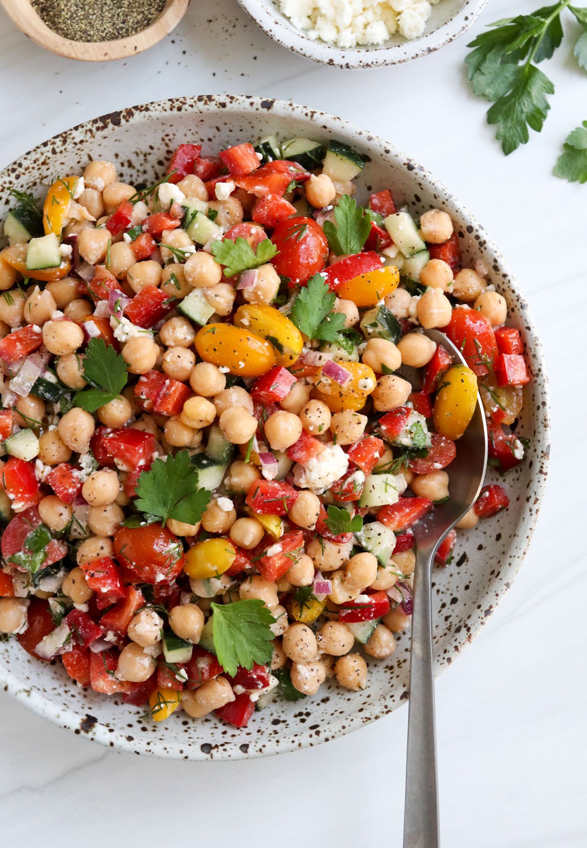 mediterranean chickpea salad in serving bowl.