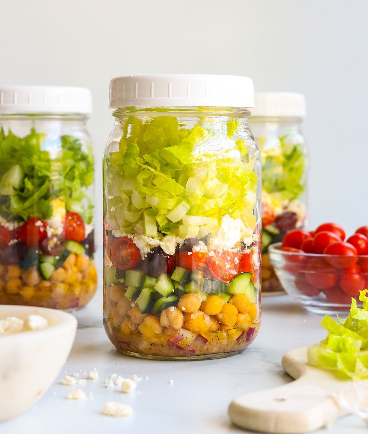 Mediterranean salad in a mason jar for meal prep.