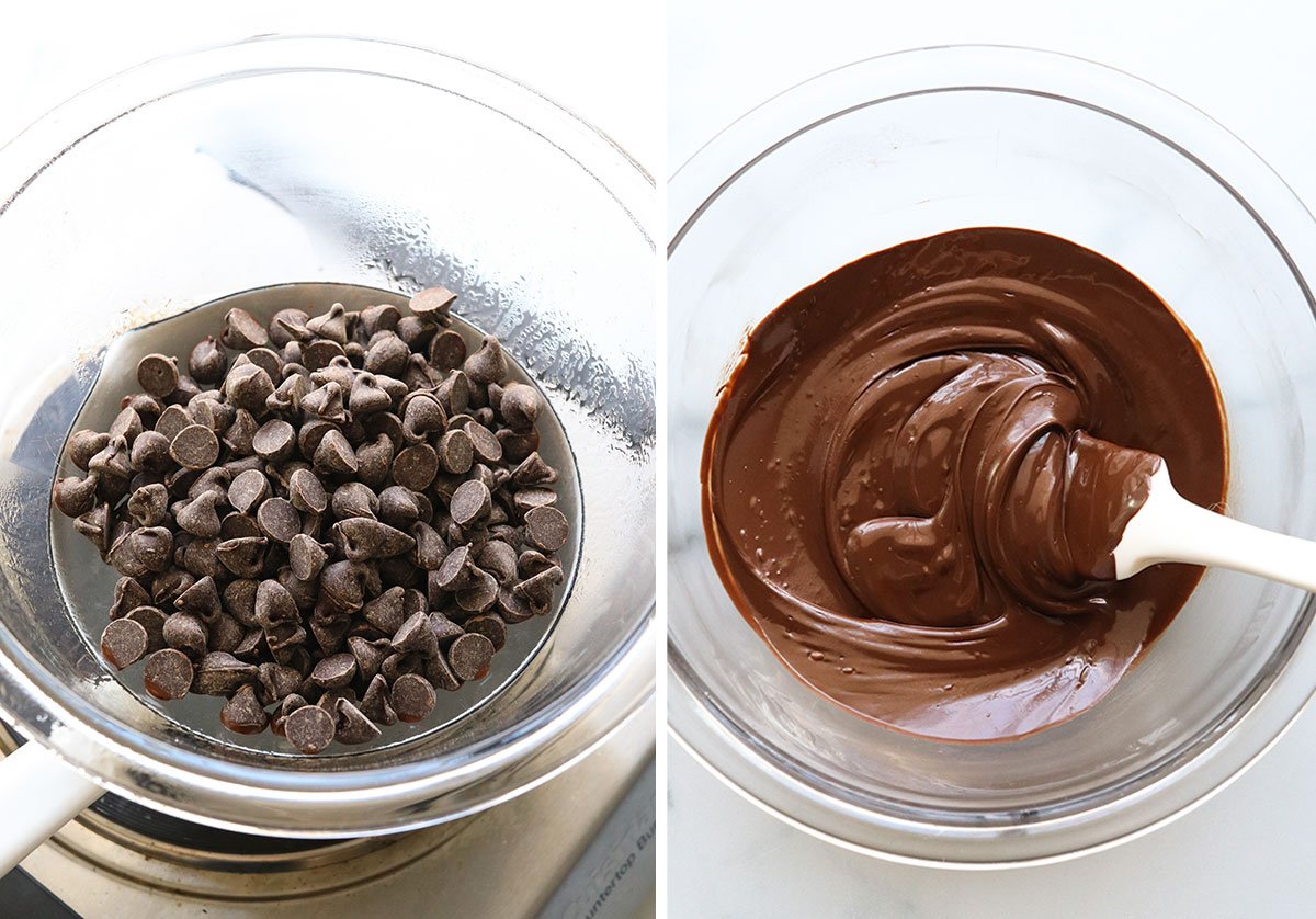 chocolate chips melted in a glass bowl over saucepan.