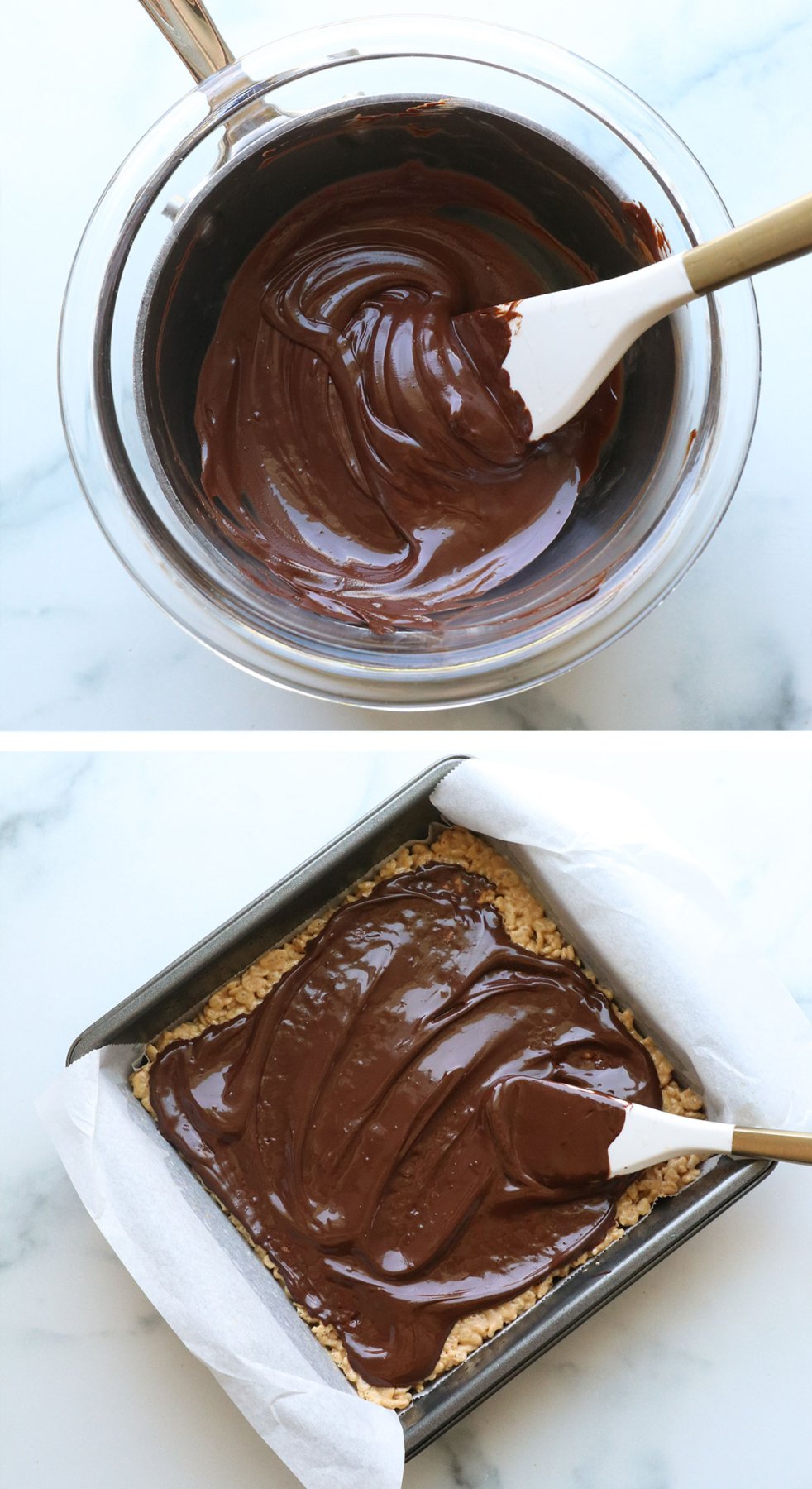 melted chocolate in a double boiler and spread over the rice crispy treats in the pan.