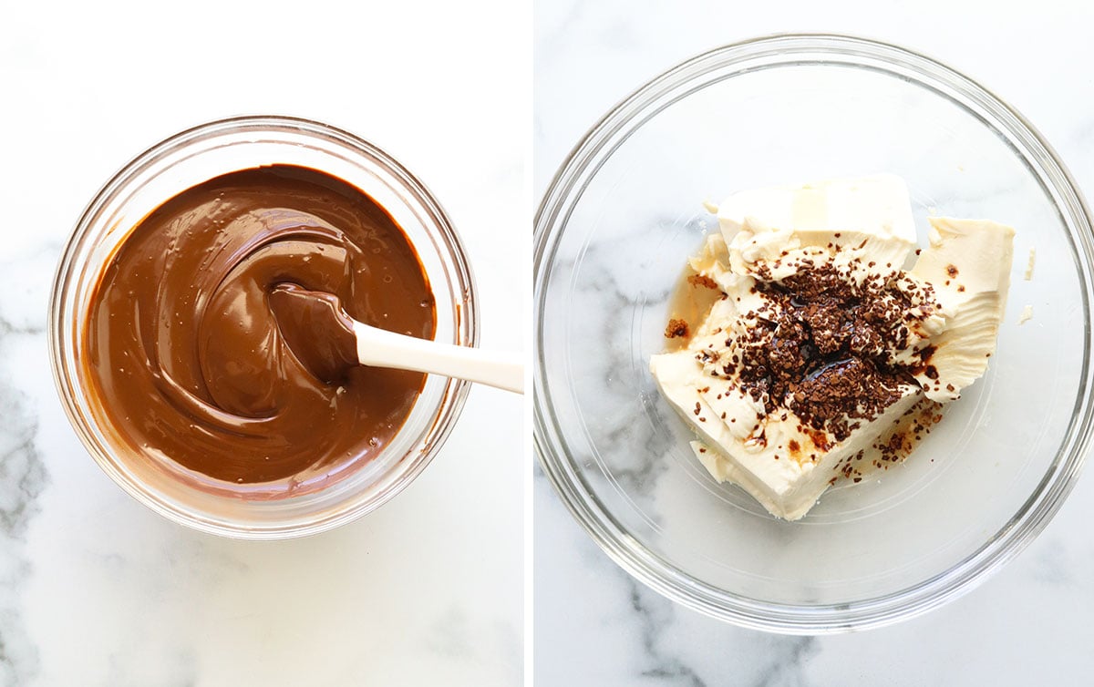 melted chocolate and tofu added to glass bowls.