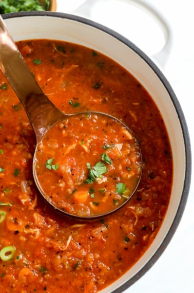 ladle sitting in a white pot of Mexican chicken soup.