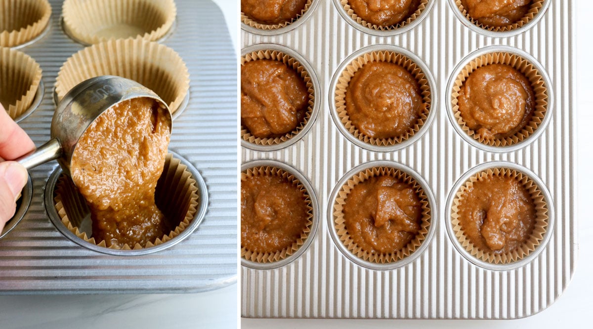 almond butter muffin batter poured into pan