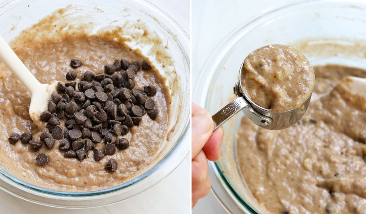 chocolate chips added to batter and scooped in cup.