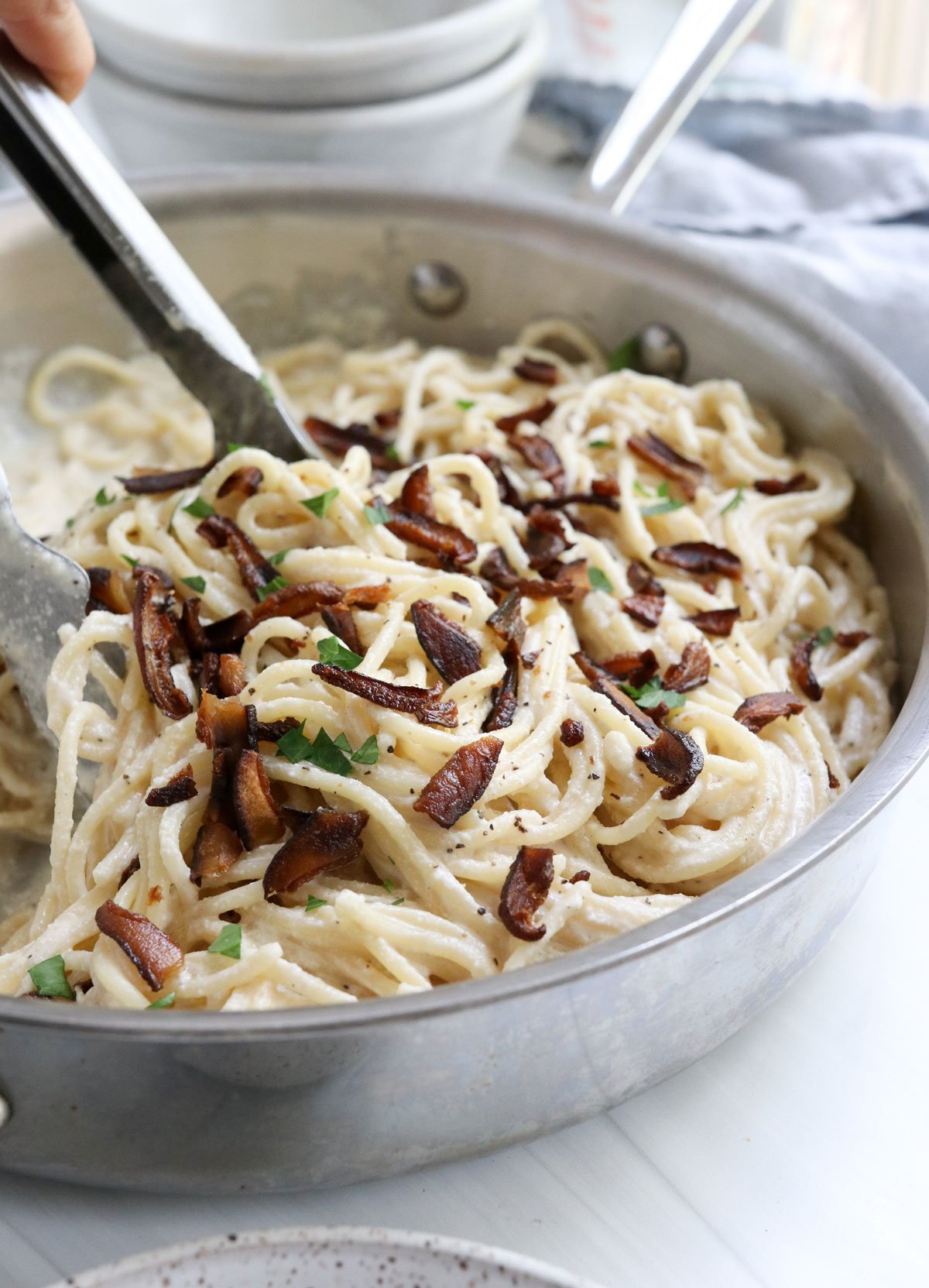 mushroom bacon added to creamy pasta.