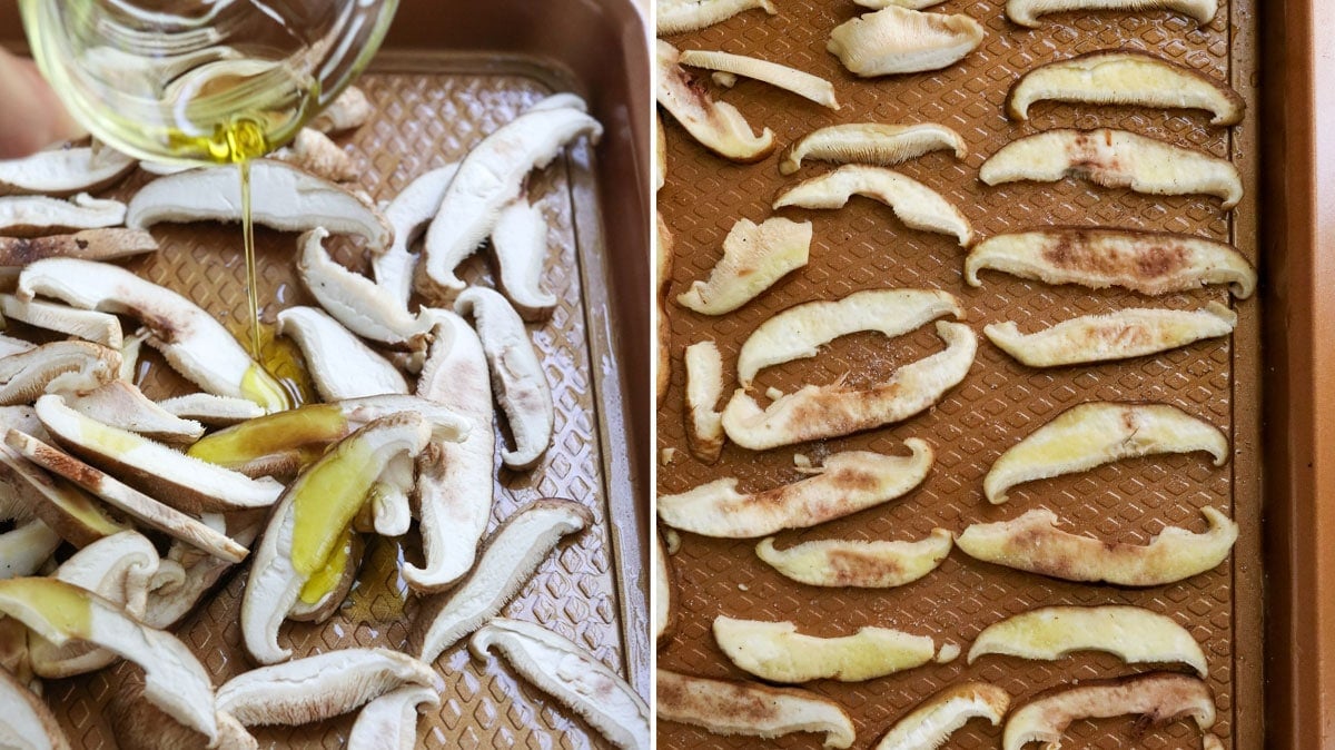 mushrooms seasoned in baking pan.