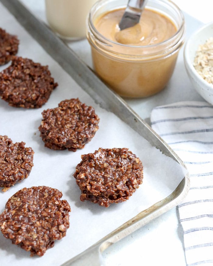 vegan no bake cookies on pan with peanut butter