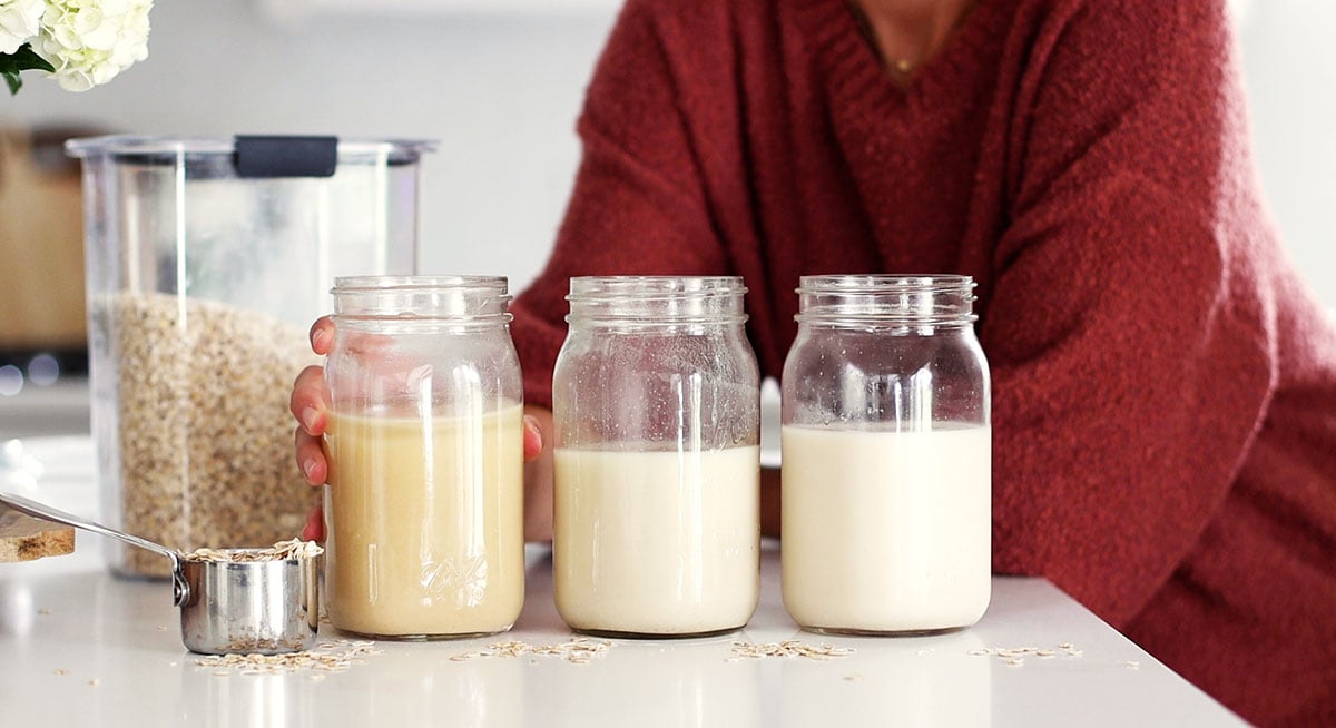 3 jars of oat milk tested 3 different ways to see which method is better.