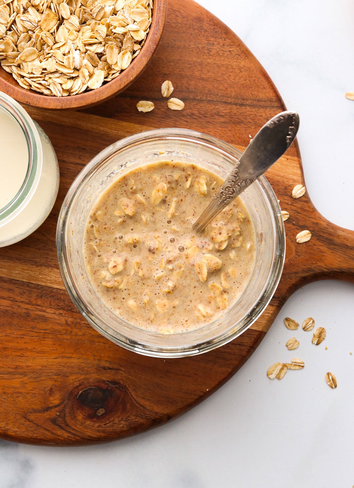 overnight oats soaked and thickened in the jar.