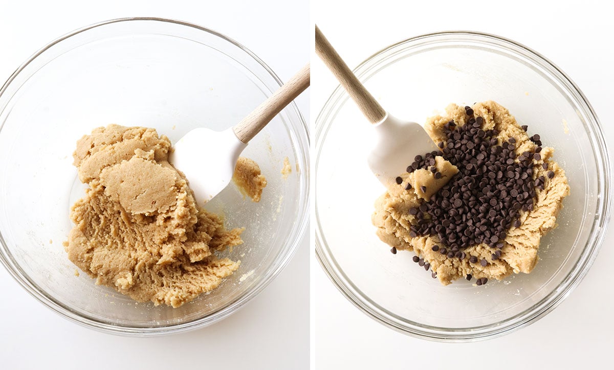 almond flour cookie dough mixed in a bowl with chocolate chips added.